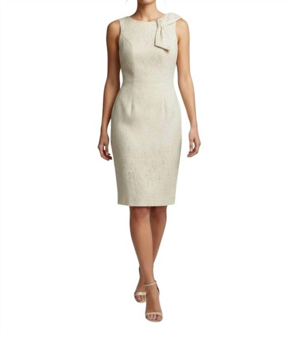 NEW CENIA signature boat neck bow sheath dress in ivory/gold